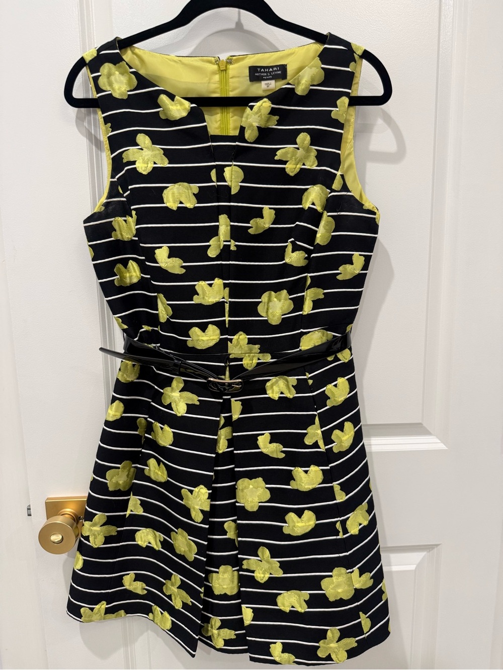 Tahari Black & Yellow Floral Stripe Fit-and-Flare Dress